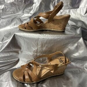 Women 9 M Sofft Wedge Sandals Tan Cork Slingback‎ High Heel Leather Buckle